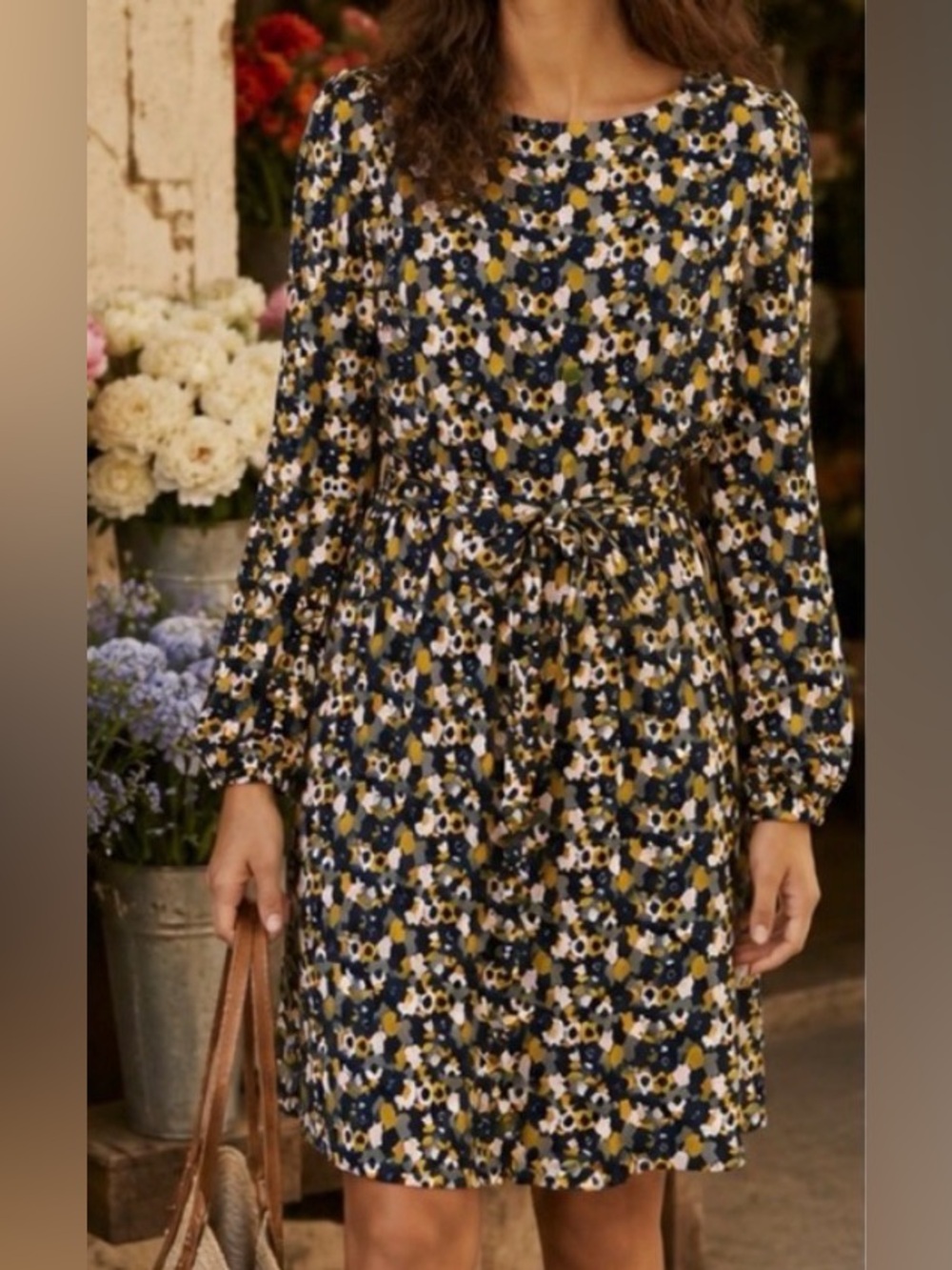 Boden Tie Detail Jersey Shift Dress Belted Navy Blue Yellow Floral Size 12 Retro
